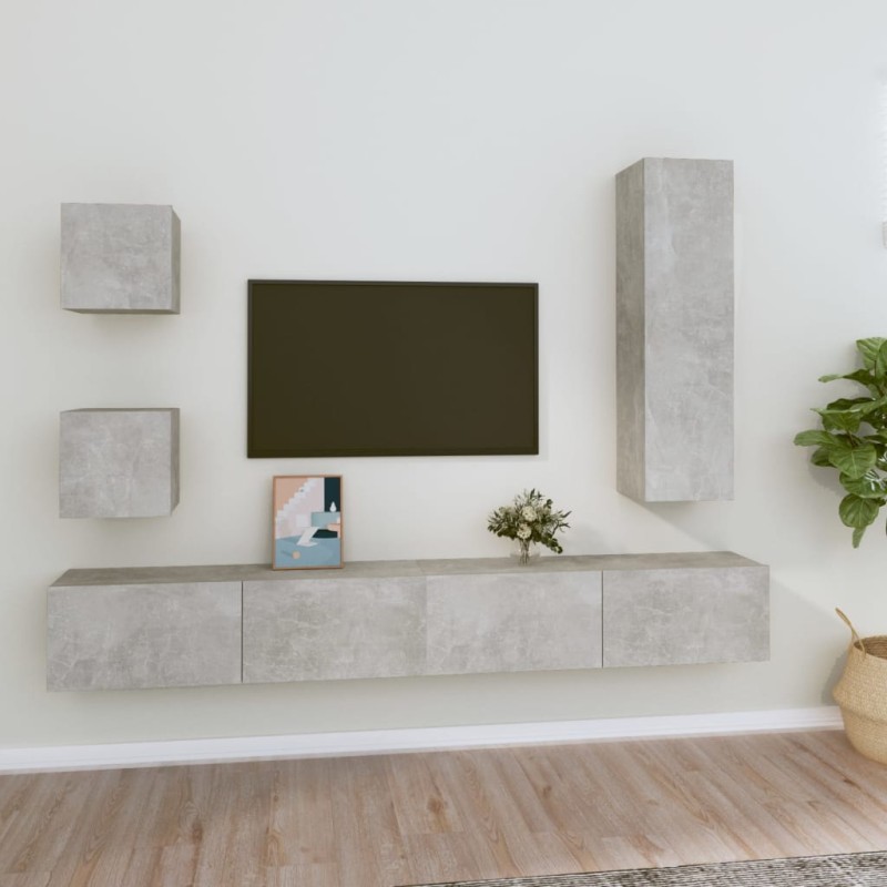 Set di Mobili Porta TV 5 pz Grigio Cemento in Legno Multistrato Set di Mobili Porta TV 5 pz Grigio Cemento in Legno Multistrato