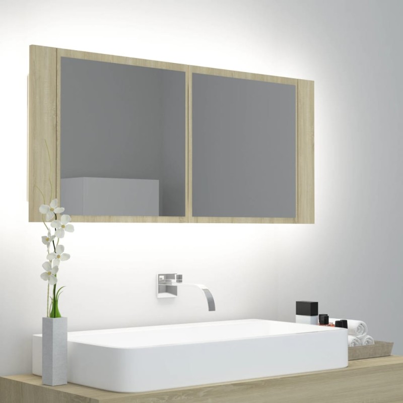 Armadietto a Specchio con Luci LED Rovere Sonoma in Acrilico