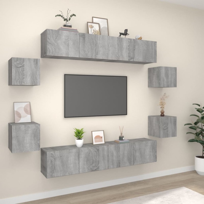 Set Mobili Porta TV 8pz Grigio Sonoma in Legno Multistrato Set Mobili Porta TV 8pz Grigio Sonoma in Legno Multistrato