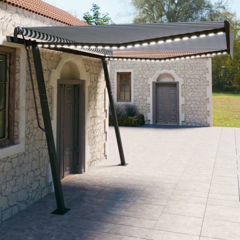 vidaXL Tenda da Sole Retrattile Manuale con LED 4x3 m Blu e Bianca vidaXL Tenda da Sole Retrattile Manuale con LED 4x3 m Blu e Bianca