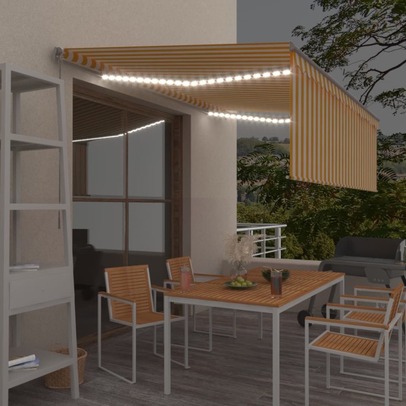 vidaXL Tenda Sole Retrattile Manuale Parasole e LED 4x3m Gialla Bianca