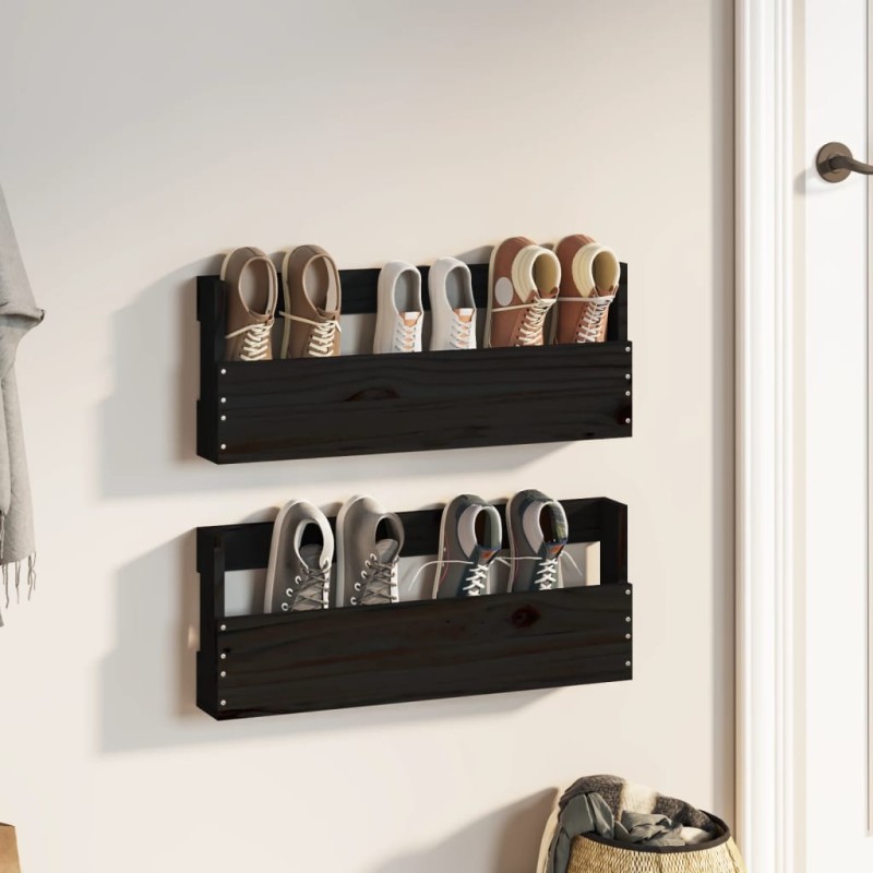 Scarpiere a Parete 2 pz Nere 59x9x23 cm Legno Massello di Pino Scarpiere a Parete 2 pz Nere 59x9x23 cm Legno Massello di Pino