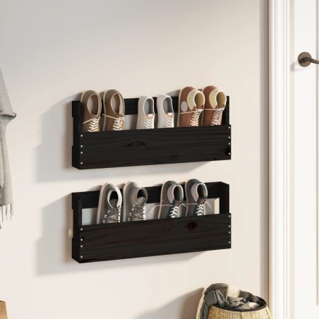 Scarpiere a Parete 2 pz Nere 59x9x23 cm Legno Massello di Pino