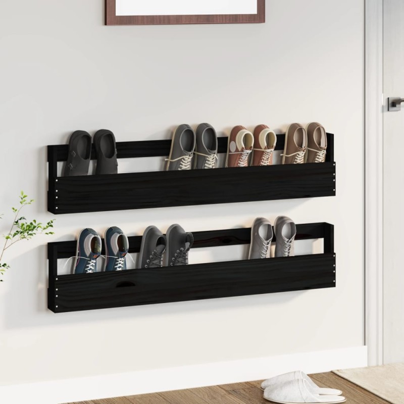Scarpiere a Parete 2 pz Nere 110x9x23 cm Legno Massello di Pino Scarpiere a Parete 2 pz Nere 110x9x23 cm Legno Massello di Pino