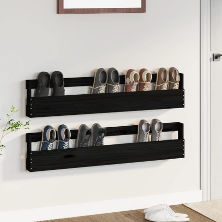 Scarpiere a Parete 2 pz Nere 110x9x23 cm Legno Massello di Pino