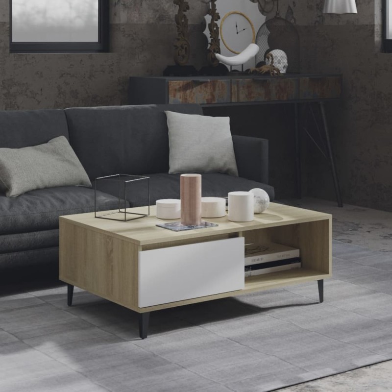 vidaXL Tavolino Salotto Bianco e Rovere Sonoma 90x60x35 cm Truciolato vidaXL Tavolino Salotto Bianco e Rovere Sonoma 90x60x35 cm Truciolato