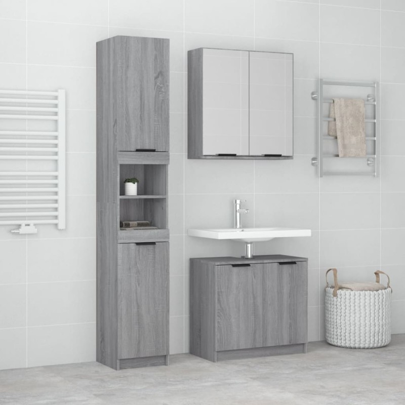 Set Mobili da Bagno 3 pz Grigio Sonoma in Legno Multistrato Set Mobili da Bagno 3 pz Grigio Sonoma in Legno Multistrato