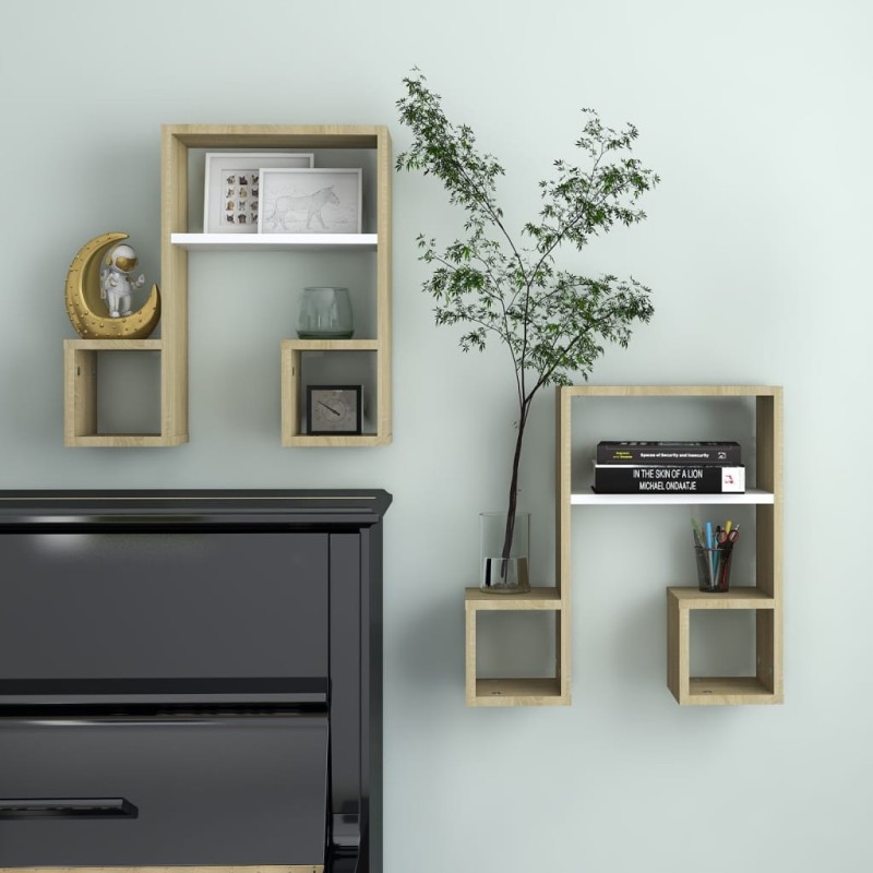 vidaXL Mensole a Muro 2pz Bianco e Sonoma 50x15x50cm Legno Multistrato vidaXL Mensole a Muro 2pz Bianco e Sonoma 50x15x50cm Legno Multistrato