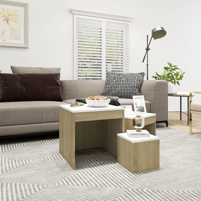 vidaXL Tavolini Impilabili 3 pz Bianco e Rovere Sonoma Truciolato vidaXL Tavolini Impilabili 3 pz Bianco e Rovere Sonoma Truciolato