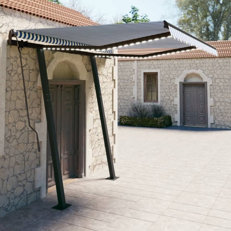 vidaXL Tenda da Sole Retrattile Manuale con LED 3,5x2,5m Blu e Bianca vidaXL Tenda da Sole Retrattile Manuale con LED 3,5x2,5m Blu e Bianca