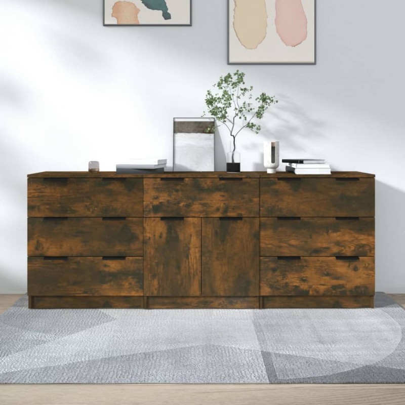 Credenze 3 pz Rovere Fumo in Legno Multistrato Credenze 3 pz Rovere Fumo in Legno Multistrato