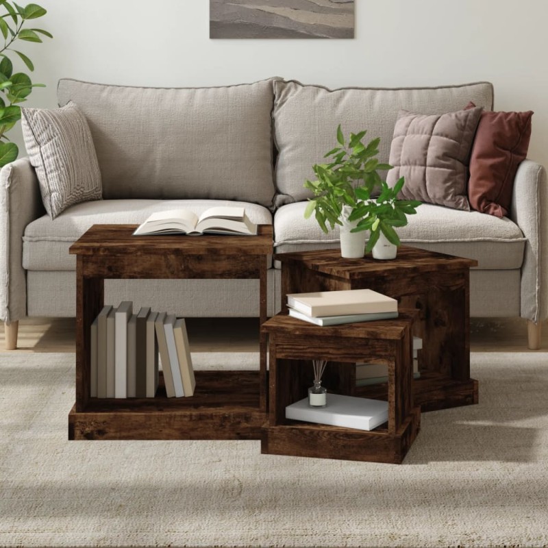 vidaXL Tavolini Impilabili 3 pz Rovere Fumo in Legno Multistrato vidaXL Tavolini Impilabili 3 pz Rovere Fumo in Legno Multistrato