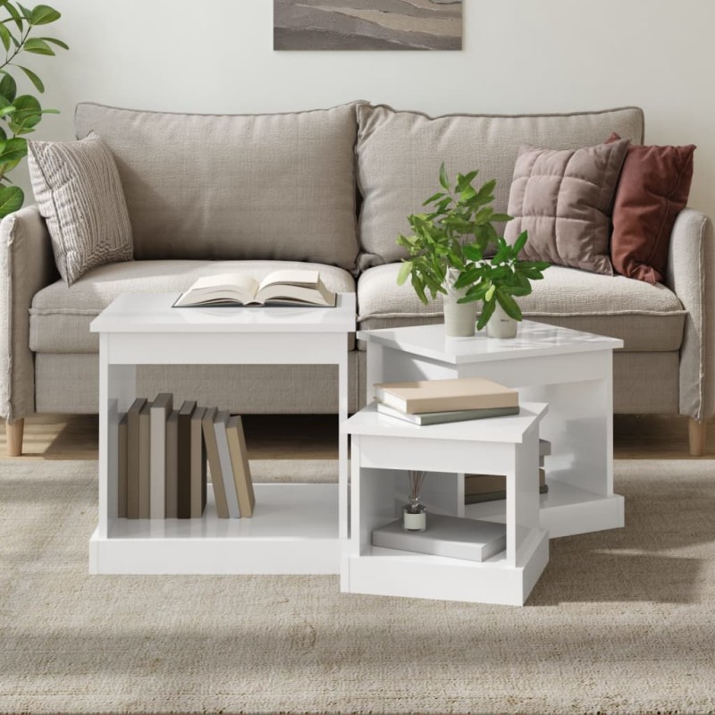 vidaXL Tavolini Impilabili 3 pz Bianco Lucido in Legno Multistrato vidaXL Tavolini Impilabili 3 pz Bianco Lucido in Legno Multistrato