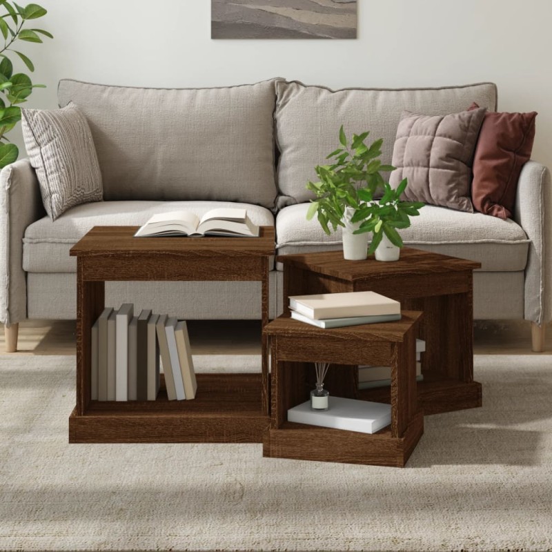 vidaXL Tavolini Impilabili 3 pz Rovere Marrone in Legno Multistrato vidaXL Tavolini Impilabili 3 pz Rovere Marrone in Legno Multistrato