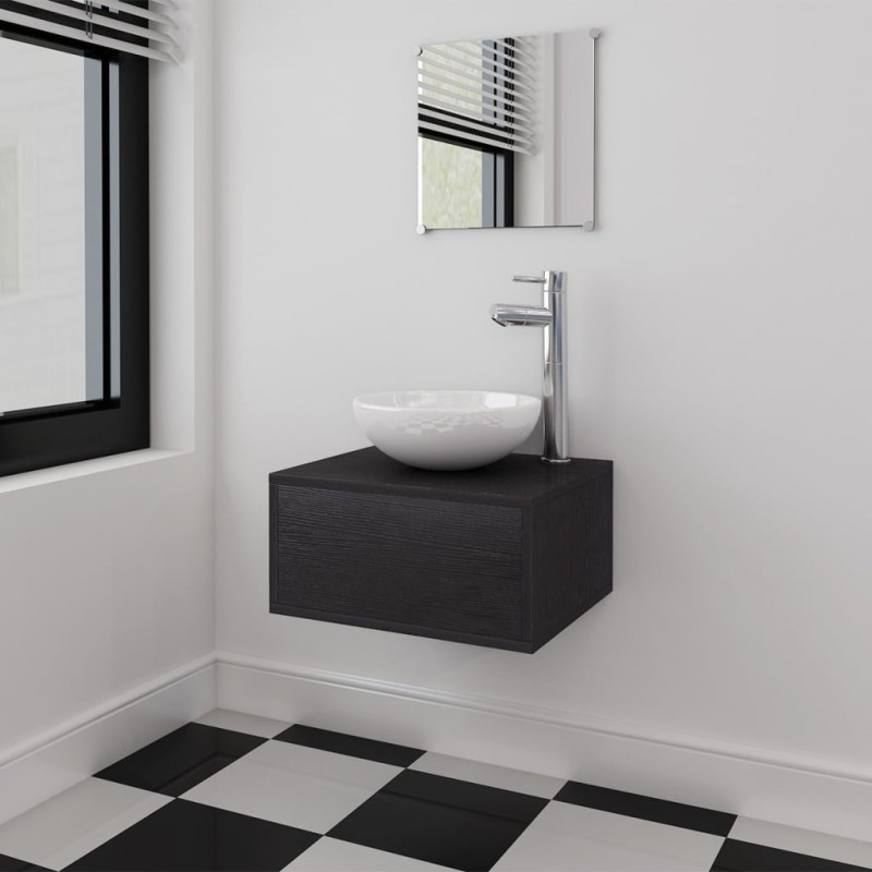 Set Mobili per Bagno con Lavandino 4 pz con Rubinetto Nero Set Mobili per Bagno con Lavandino 4 pz con Rubinetto Nero