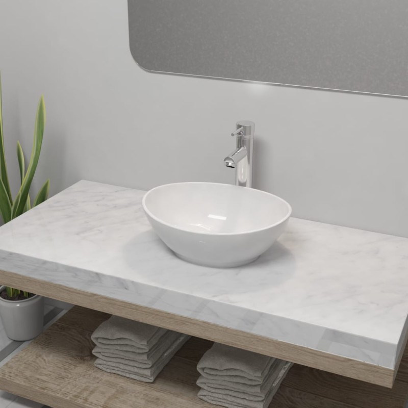 vidaXL Lavello Bagno con Miscelatore in Ceramica Ovale Bianco