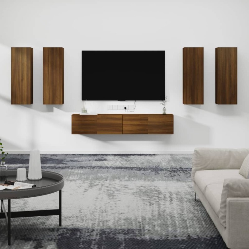 Set Mobili Porta TV 6 pz Rovere Marrone in Legno Multistrato Set Mobili Porta TV 6 pz Rovere Marrone in Legno Multistrato