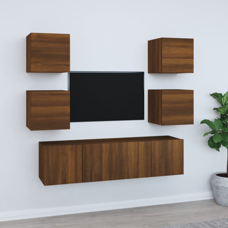 Set Mobili Porta TV 6 pz Rovere Marrone in Legno Multistrato Set Mobili Porta TV 6 pz Rovere Marrone in Legno Multistrato
