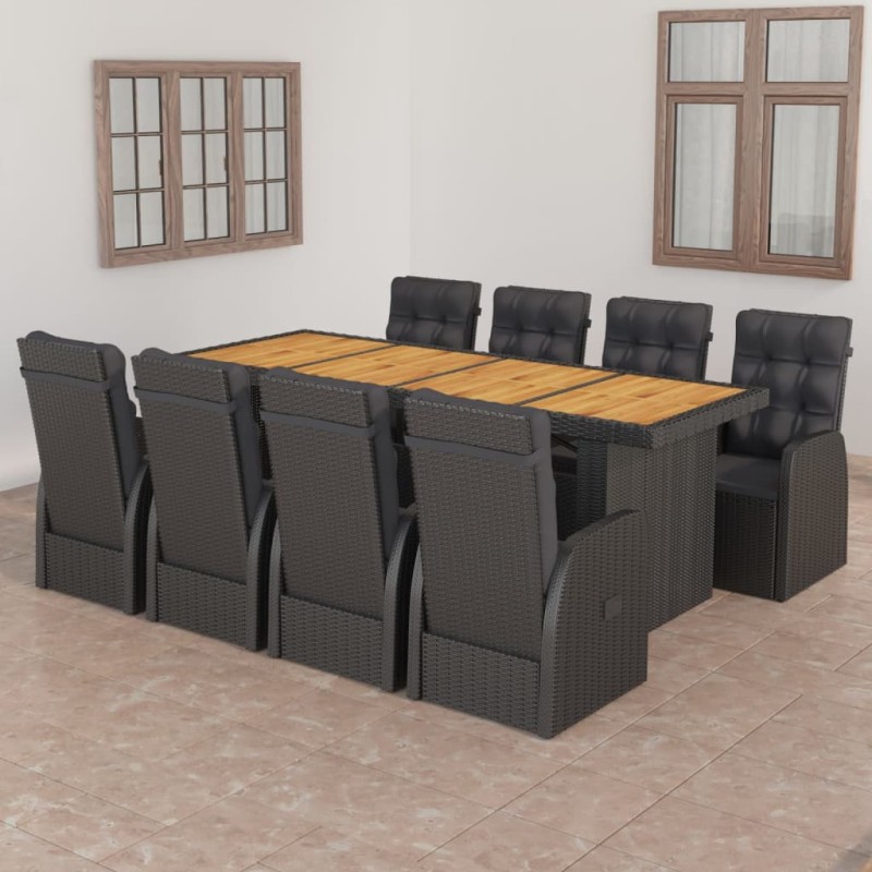 vidaXL Set da Pranzo da Giardino 9 pz con Cuscini in Polyrattan Nero vidaXL Set da Pranzo da Giardino 9 pz con Cuscini in Polyrattan Nero