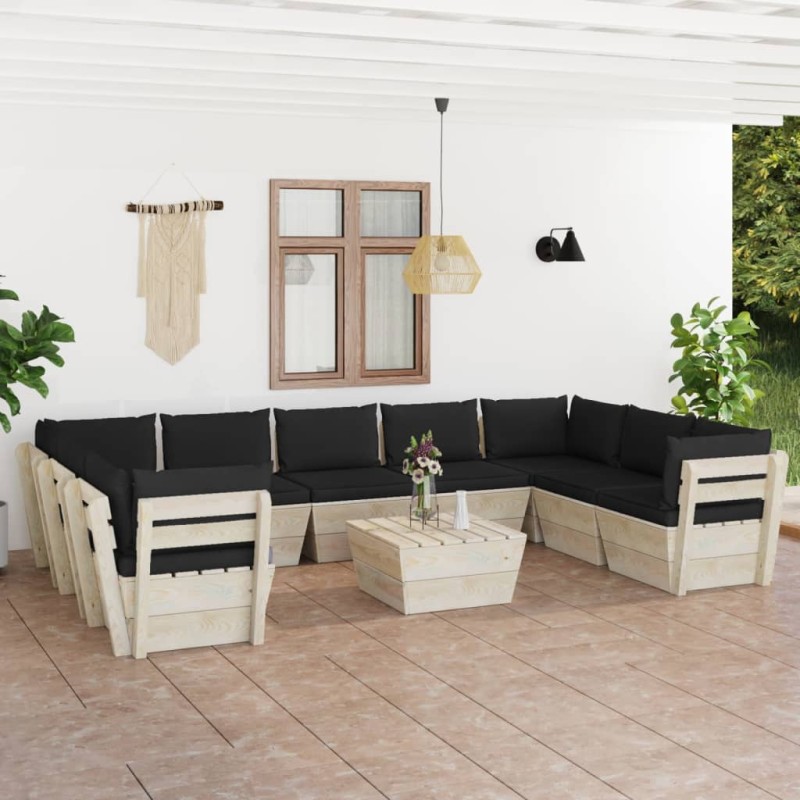 vidaXL Set Divani da Giardino su Pallet 10 pz con Cuscini Legno Abete vidaXL Set Divani da Giardino su Pallet 10 pz con Cuscini Legno Abete