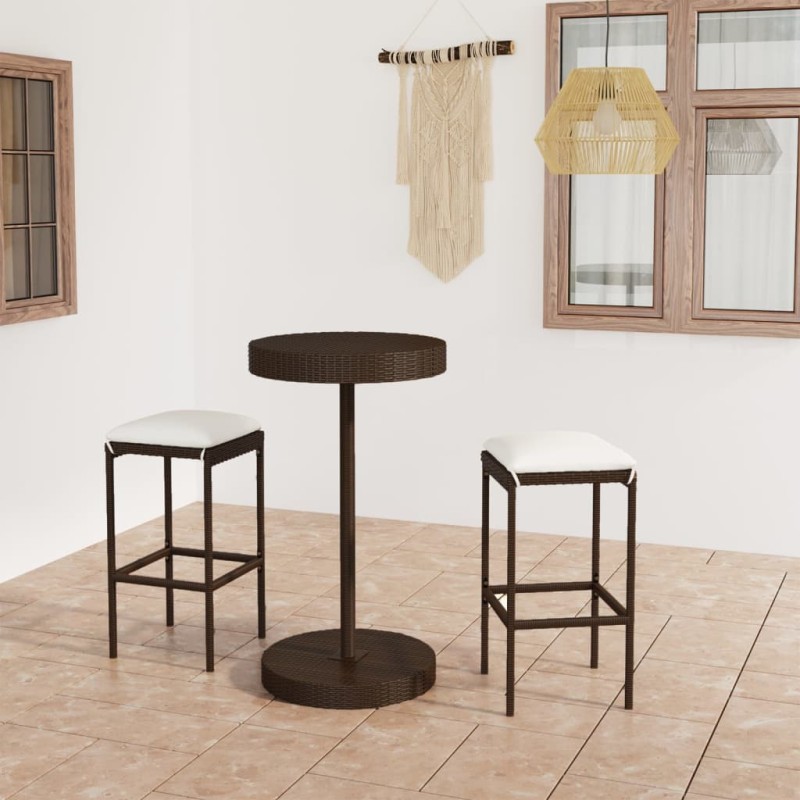 vidaXL Set Bar da Giardino 3 pz con Cuscini in Polyrattan Marrone vidaXL Set Bar da Giardino 3 pz con Cuscini in Polyrattan Marrone