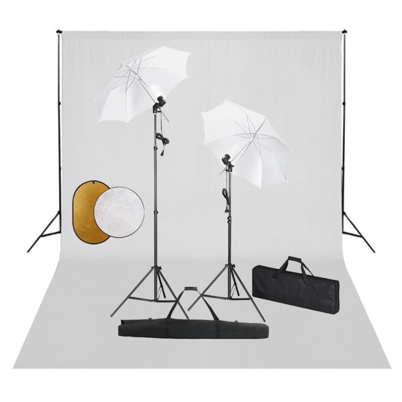 vidaXL Kit Studio Fotografico con Luci Ombrelli Fondale e Riflettore vidaXL Kit Studio Fotografico con Luci Ombrelli Fondale e Riflettore