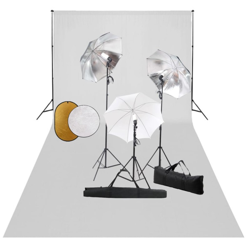 vidaXL Kit Studio Fotografico con Luci Ombrelli Fondale e Riflettore vidaXL Kit Studio Fotografico con Luci Ombrelli Fondale e Riflettore