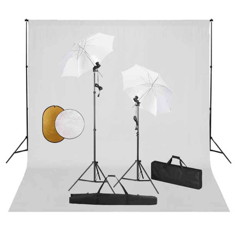 vidaXL Kit Studio Fotografico con Luci Ombrelli Fondale e Riflettore vidaXL Kit Studio Fotografico con Luci Ombrelli Fondale e Riflettore