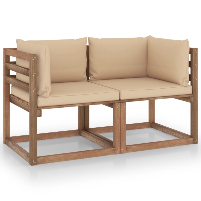 vidaXL Divano da Giardino Pallet 2 Posti con Cuscini Beige Legno Pino vidaXL Divano da Giardino Pallet 2 Posti con Cuscini Beige Legno Pino