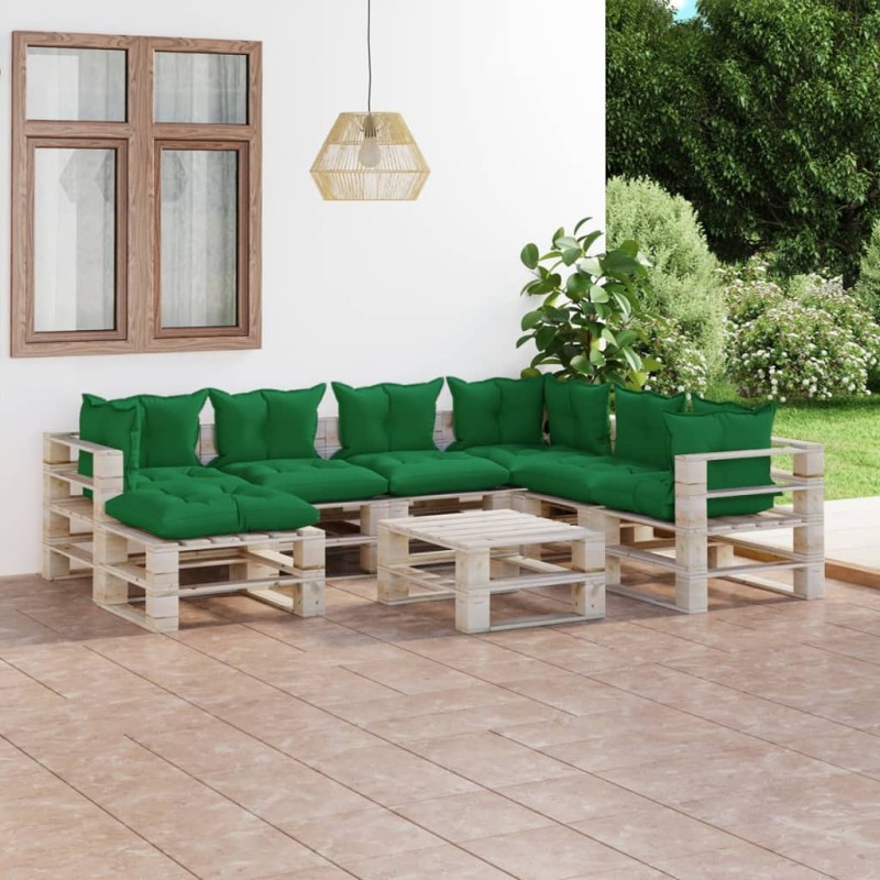 vidaXL Salotto da Giardino su Pallet 8 pz con Cuscini in Legno di Pino vidaXL Salotto da Giardino su Pallet 8 pz con Cuscini in Legno di Pino
