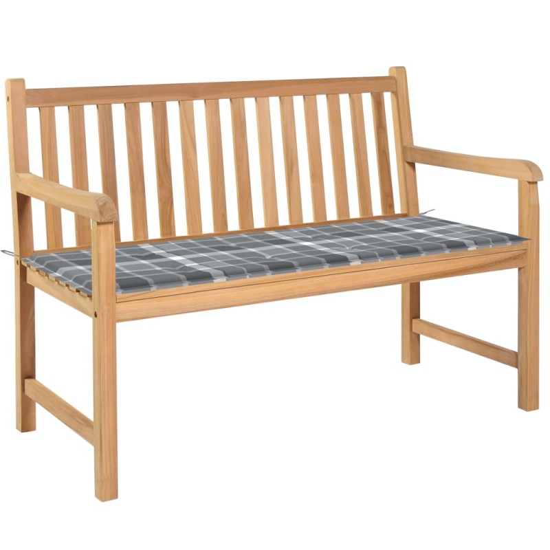 Panca da Giardino con Cuscino Grigio a Quadri 120 cm Legno Teak Panca da Giardino con Cuscino Grigio a Quadri 120 cm Legno Teak