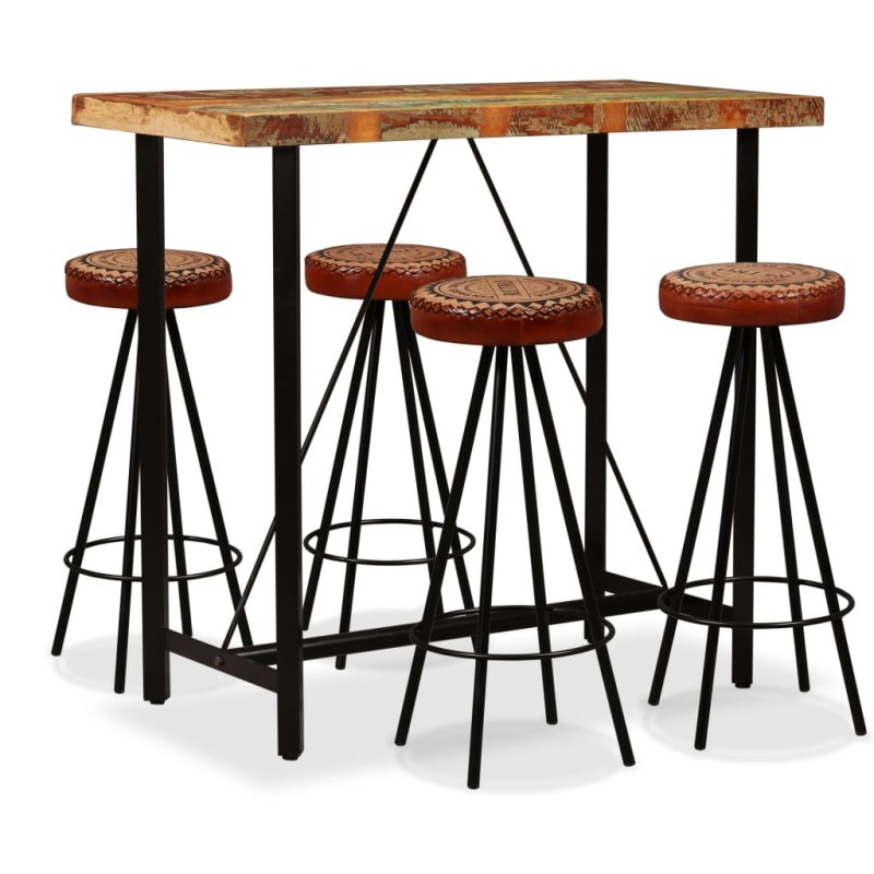 vidaXL Set da Bar 5 pz Legno Massello di Recupero Vera Pelle e Tessuto vidaXL Set da Bar 5 pz Legno Massello di Recupero Vera Pelle e Tessuto