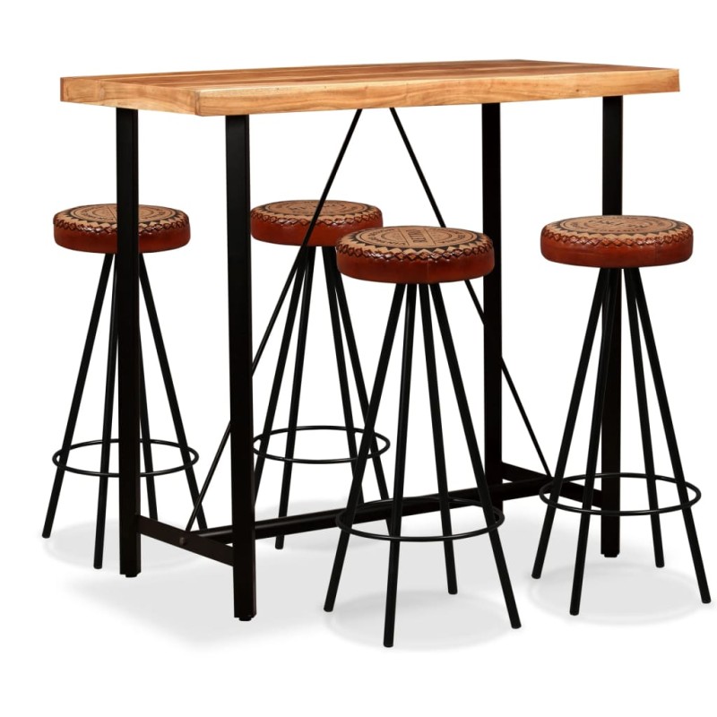 vidaXL Set da Bar 5 pz in Legno Massello Acacia in Vera Pelle e Tela vidaXL Set da Bar 5 pz in Legno Massello Acacia in Vera Pelle e Tela