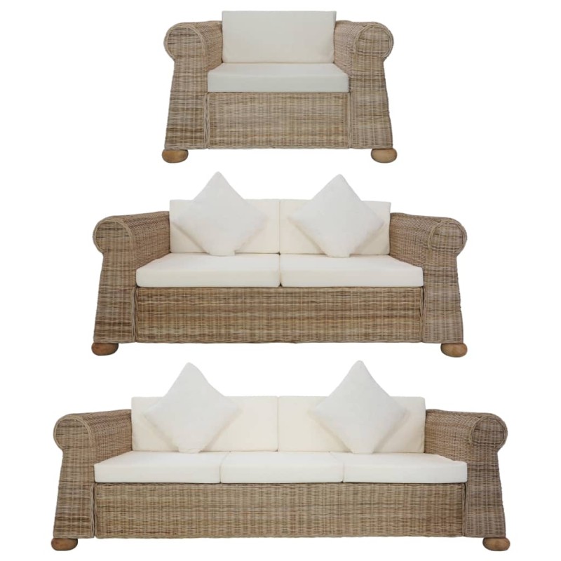 vidaXL Set di Divani 3 pz con Cuscini in Rattan Naturale