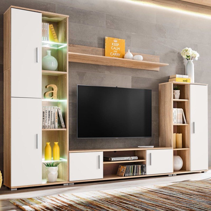 Parete Attrezzata Porta TV con Luci LED Rovere Sonoma e Bianco Parete Attrezzata Porta TV con Luci LED Rovere Sonoma e Bianco
