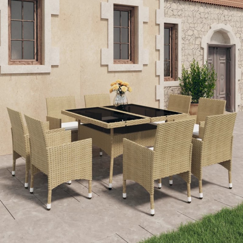 vidaXL Set da Pranzo da Giardino 9 pz in Polyrattan e Vetro Beige vidaXL Set da Pranzo da Giardino 9 pz in Polyrattan e Vetro Beige