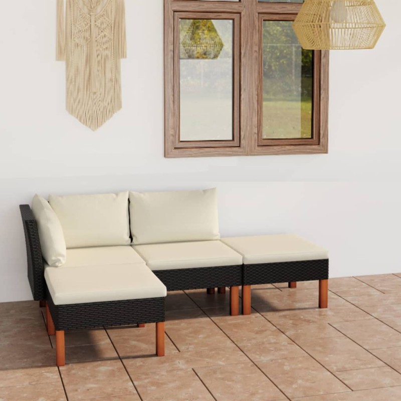 vidaXL Set Divani da Giardino 4 pz con Cuscini in Polyrattan Nero vidaXL Set Divani da Giardino 4 pz con Cuscini in Polyrattan Nero