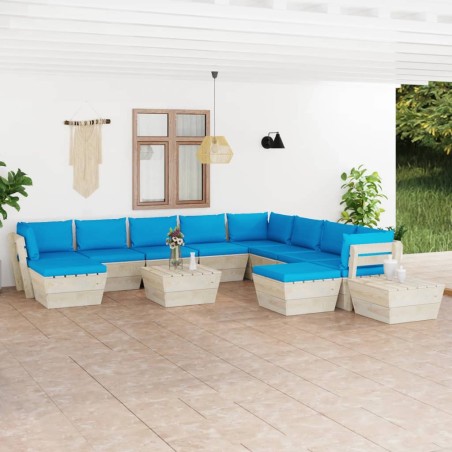 vidaXL Set Divani da Giardino su Pallet 12 pz con Cuscini Legno Abete 