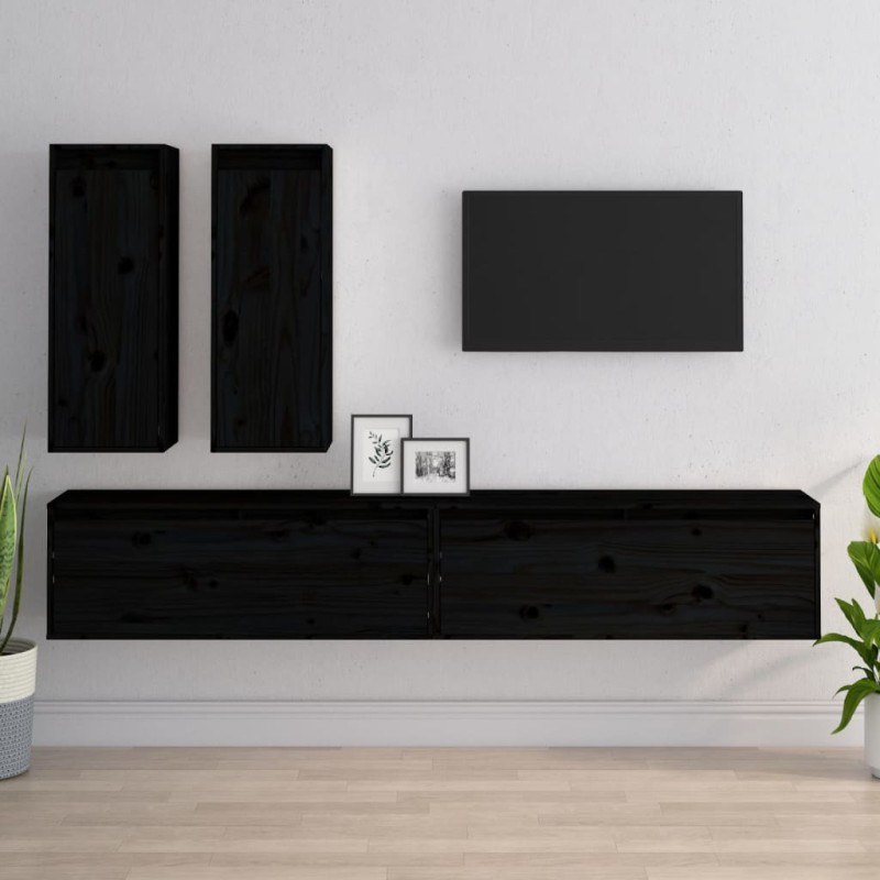 Mobili Porta TV 4 pz Neri in Legno Massello di Pino Mobili Porta TV 4 pz Neri in Legno Massello di Pino