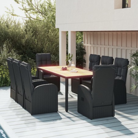 Set da Pranzo da Giardino 9 pz con Cuscini Nero in Polyrattan