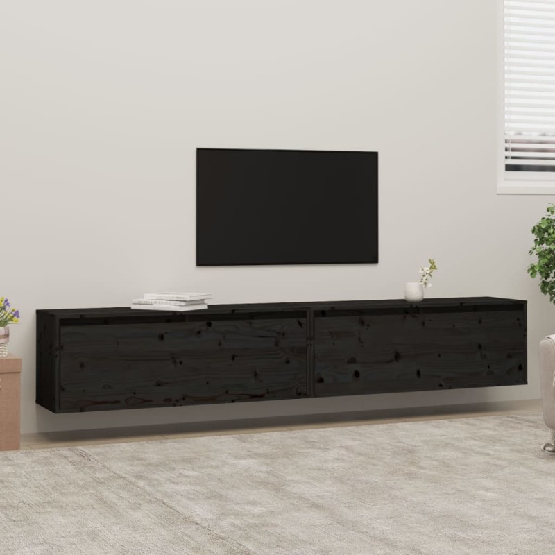 Pensili 2 pz Neri 100x30x35 cm in Legno Massello di Pino Pensili 2 pz Neri 100x30x35 cm in Legno Massello di Pino