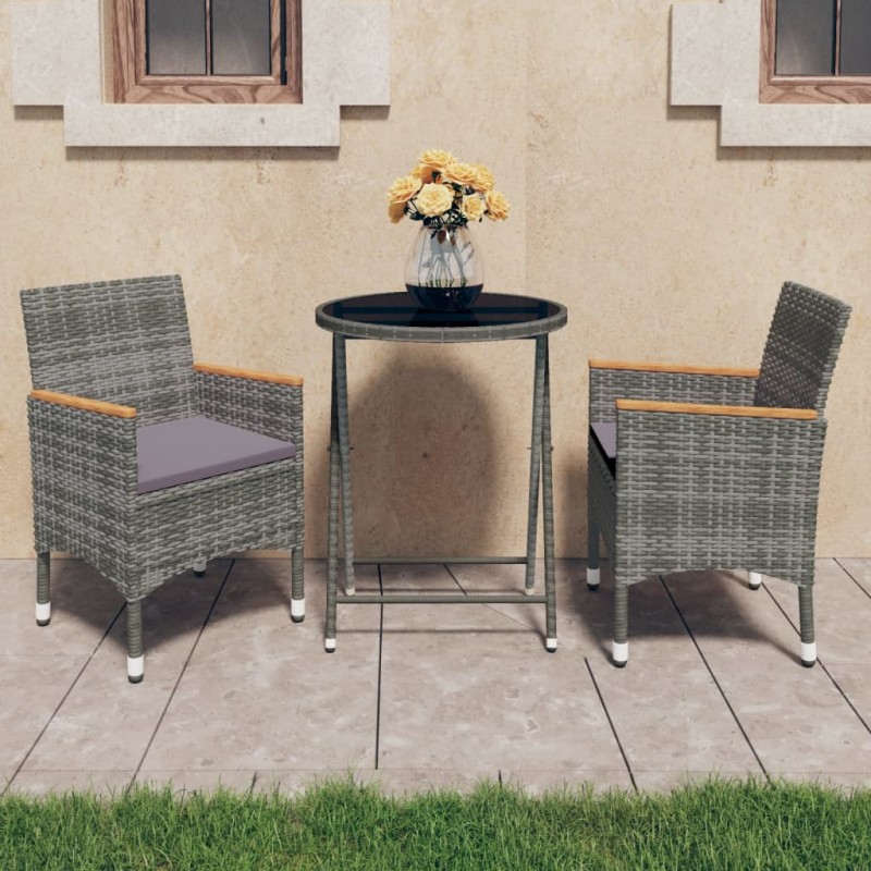 vidaXL Set Bistrot Giardino 3 pz Polyrattan e Vetro Temperato Grigio vidaXL Set Bistrot Giardino 3 pz Polyrattan e Vetro Temperato Grigio