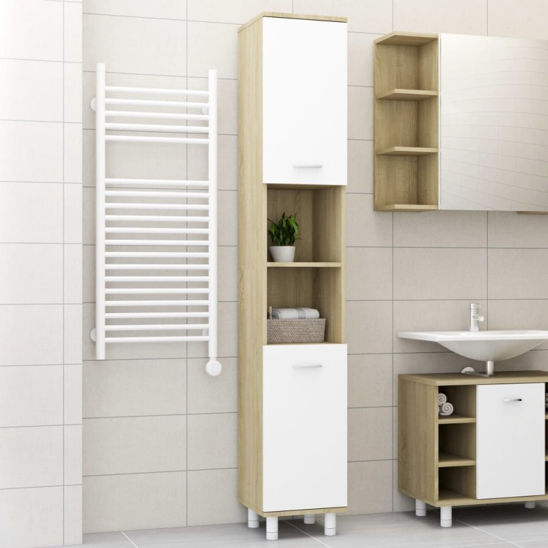 Armadio da Bagno Bianco e Rovere Sonoma 30x30x179 cm Truciolato Armadio da Bagno Bianco e Rovere Sonoma 30x30x179 cm Truciolato