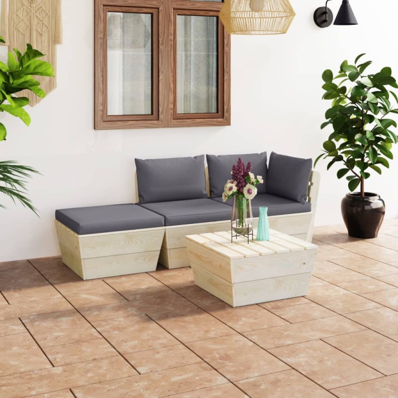 vidaXL Set Divani da Giardino su Pallet 4 pz con Cuscini Legno Abete vidaXL Set Divani da Giardino su Pallet 4 pz con Cuscini Legno Abete