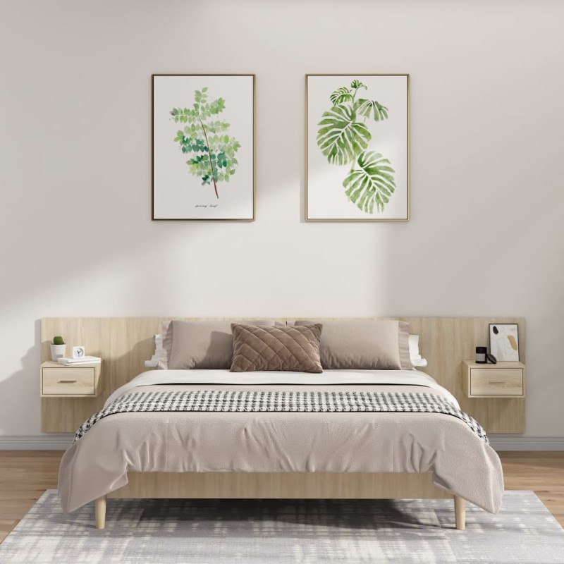 Testiera Letto con Comodini in Legno Multistrato Rovere Sonoma Testiera Letto con Comodini in Legno Multistrato Rovere Sonoma