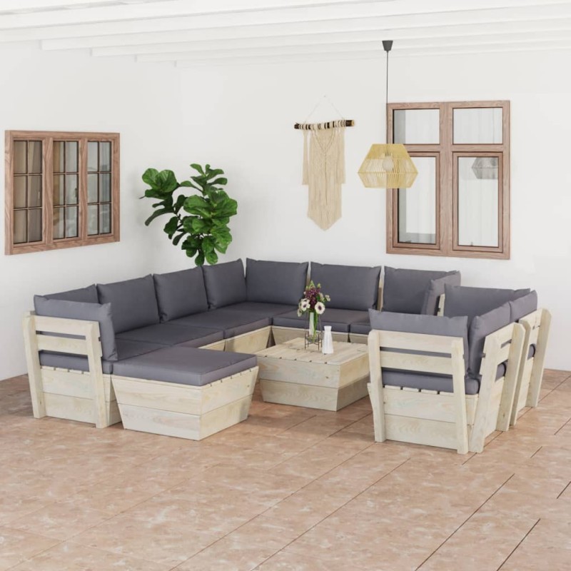 vidaXL Set Divani da Giardino su Pallet 10 pz con Cuscini Legno Abete vidaXL Set Divani da Giardino su Pallet 10 pz con Cuscini Legno Abete