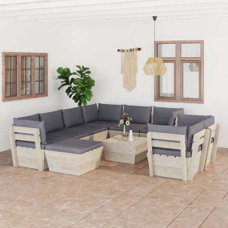 vidaXL Set Divani da Giardino su Pallet 10 pz con Cuscini Legno Abete