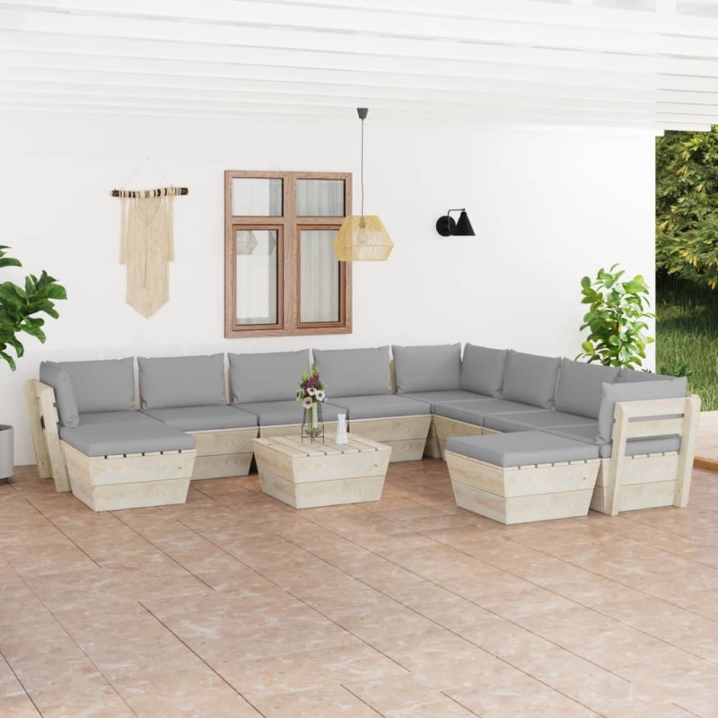 vidaXL Set Divani da Giardino su Pallet 11 pz con Cuscini Legno Abete vidaXL Set Divani da Giardino su Pallet 11 pz con Cuscini Legno Abete