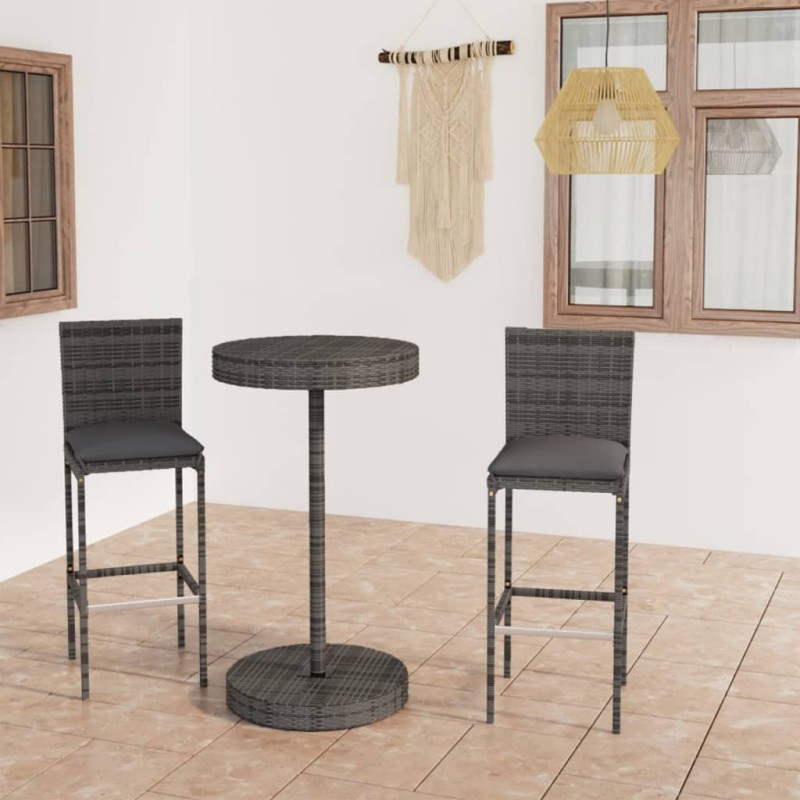 vidaXL Set Bar da Giardino 3 pz con Cuscini in Polyrattan Grigio vidaXL Set Bar da Giardino 3 pz con Cuscini in Polyrattan Grigio
