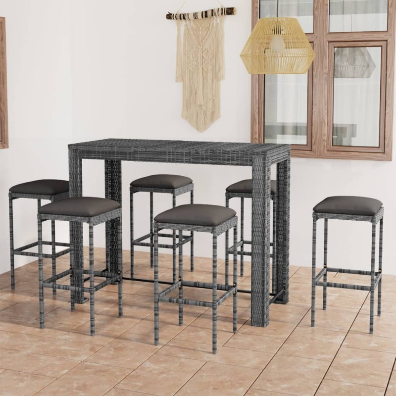 vidaXL Set da Bar da Giardino 7 pz con Cuscini in Polyrattan Grigio vidaXL Set da Bar da Giardino 7 pz con Cuscini in Polyrattan Grigio